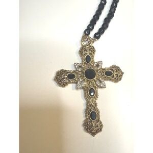 1928 Jewelry Gold Tone Black Bead Filigree Cross Pendant Necklace Rhinestone